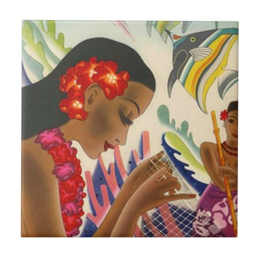 タイルのヴィンテージの熱帯ハワイのフラGalの魚の網 タイル (正面)