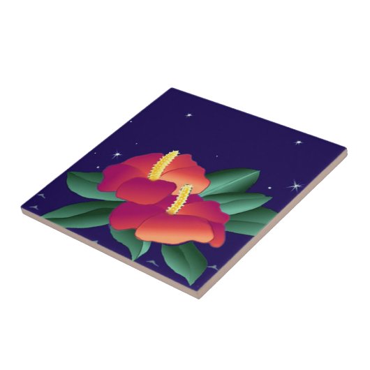 タイルのヴィンテージハワイの熱帯青い夜ハイビスカス タイル (側面)