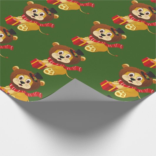 タイルを張られるクリスマスのジャングルのライオンの休日のパーティの覆い ラッピングペーパー (角)