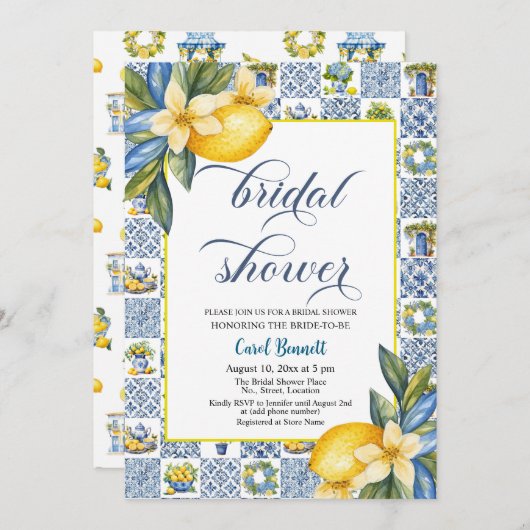 タイルイタリアンレモンテーマ夏ブライダルシャワー 招待状 (正面/裏面)