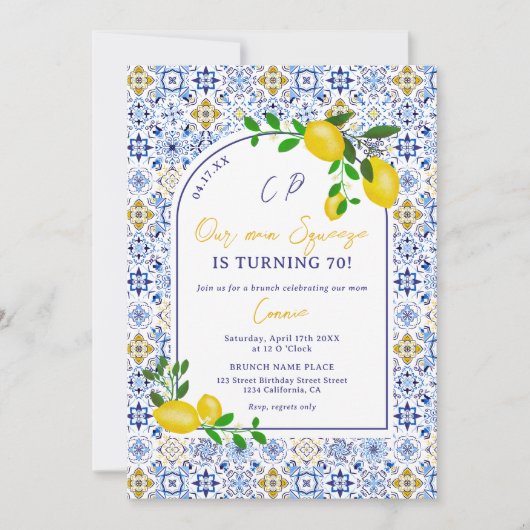 タイルイタリアンレモン私たちのメイン絞り70誕生日 招待状 (正面)