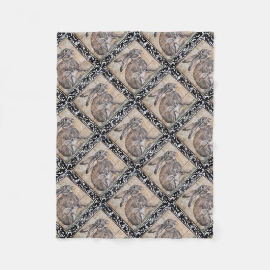 タイルウサギハレブラックスクロールホ縁どームデコール フリースブランケット (正面)