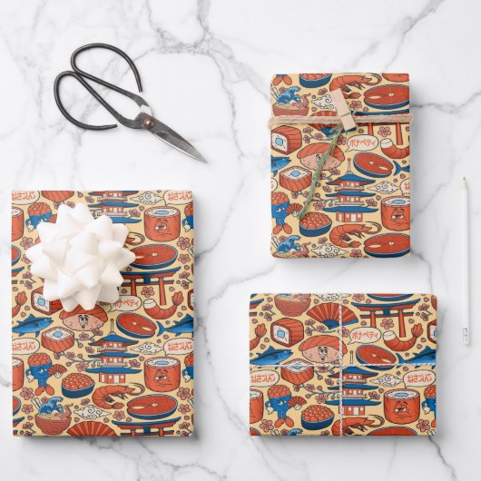 タイルカッコいい日本のフードパターン ラッピングペーパーシート (正面)