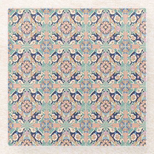 タイルカラフルデザイン ガラスコースター (正面)