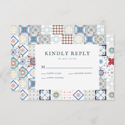 タイルスペインのウェディングRSVPカード 出欠カード (正面/裏面)