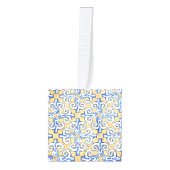 タイルスペインの – アズレジョ青、黄、白 キューブオーナメント (正面)