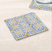 タイルスペインの – アズレジョ青、黄、白 スクエアペーパーコースター (アングル)