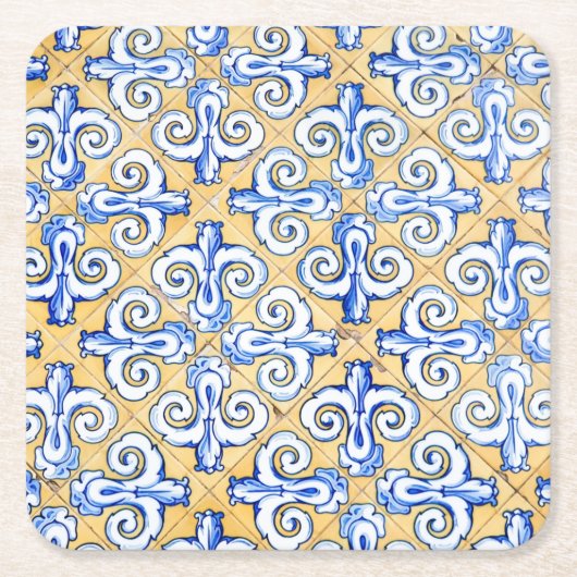 タイルスペインの – アズレジョ青、黄、白 スクエアペーパーコースター (正面)