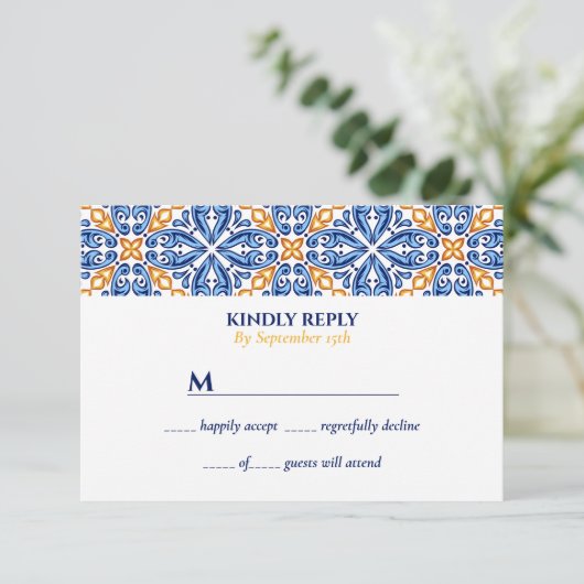 タイルスペインの |黄色地中海の結婚青 招待状 (スタンド正面)