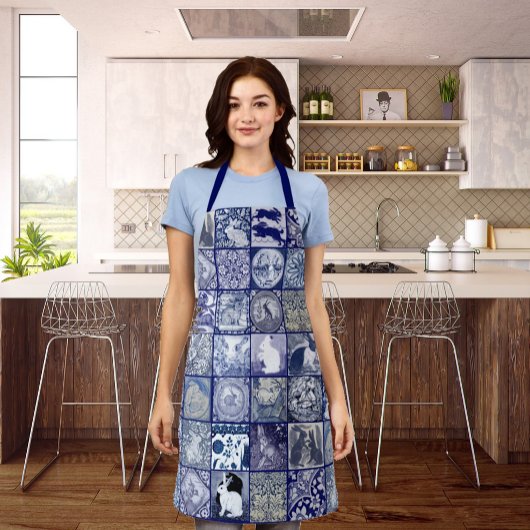タイルパターンブルーホワイトラビットユニークヴィンテージアート エプロン