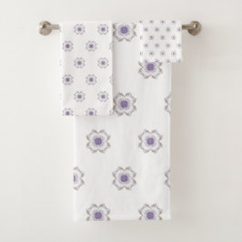 タイルパープルと金ゴールドフローラルックフラクタルアート バスタオルセット