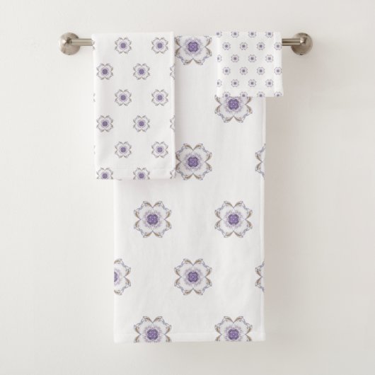 タイルパープルと金ゴールドフローラルックフラクタルアート バスタオルセット (インサイチュ)