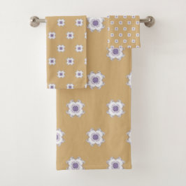 タイルパープル金ゴールドフローラルックフラクタルアートゴールデン バスタオルセット