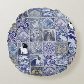 タイルラビットブルーホワイトモザイクパターンヴィンテージ ラウンドクッション (正面)