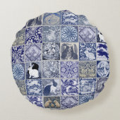 タイルラビットブルーホワイトモザイクパターンヴィンテージ ラウンドクッション (裏面)