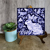 タイルラビットブルーホワイトモザイクパターンヴィンテージ ラウンドクッション