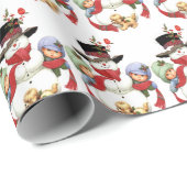 タイルヴィンテージ雪だるまと子供パーティー ラッピングペーパー (ロールコーナー)