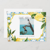 タイル地中海のとレモンカップルの写真結婚の 案内ポストカード (正面/裏面)