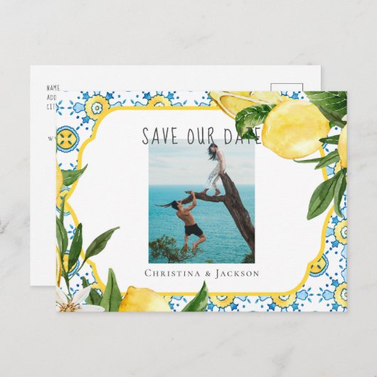 タイル地中海のとレモンカップルの写真結婚の 案内ポストカード (正面/裏面)