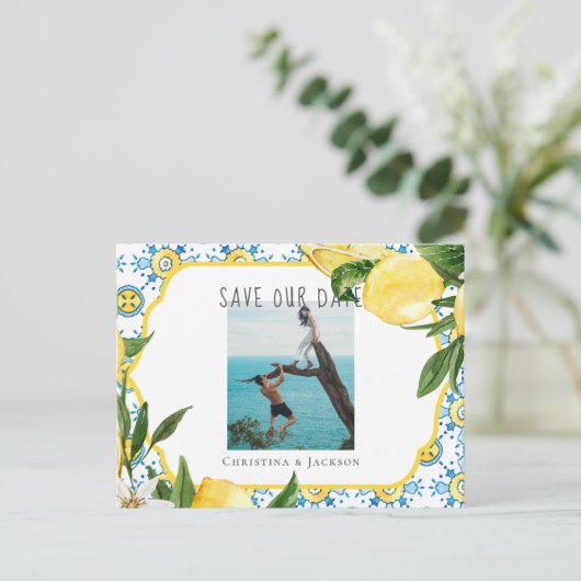 タイル地中海のとレモンカップルの写真結婚の 案内ポストカード (スタンド正面)