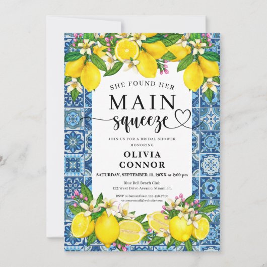 タイル地中海のとレモンブライダルシャワー 招待状 (正面)