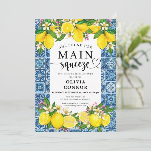 タイル地中海のとレモンブライダルシャワー 招待状 (スタンド正面)