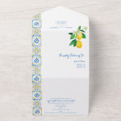 タイル地中海のイタリアブルークレストレモンズ結婚ズ オールインワン招待状 (外側)