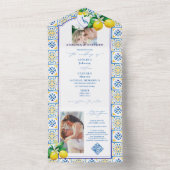 タイル地中海のイタリアブルークレストレモンズ結婚ズ オールインワン招待状 (内側)