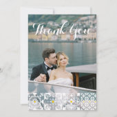 タイル地中海のウォーターカラーレモン結婚ブルー サンキューカード (正面)