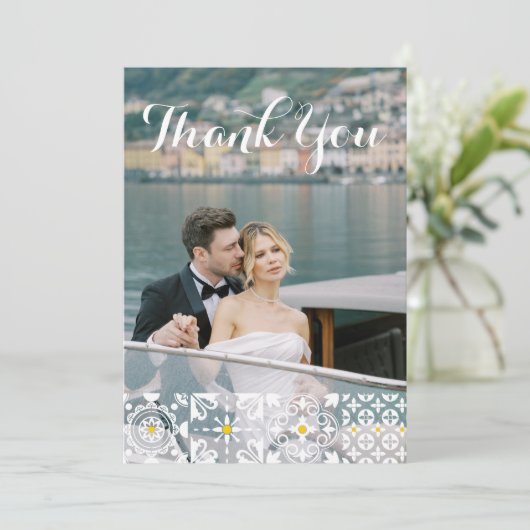 タイル地中海のウォーターカラーレモン結婚ブルー サンキューカード (スタンド正面)