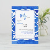 タイル地中海のコバルトブルー赤ちゃんシャワー 招待状 (スタンド正面)
