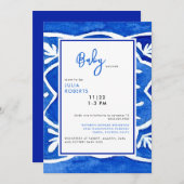 タイル地中海のコバルトブルー赤ちゃんシャワー 招待状 (正面/裏面)