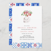 タイル地中海のピンクフローラガーリーブライダルシャワー 招待状 (正面/裏面)