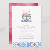 タイル地中海のピンクフローラケーキブライダルシャワー 招待状 (正面/裏面)