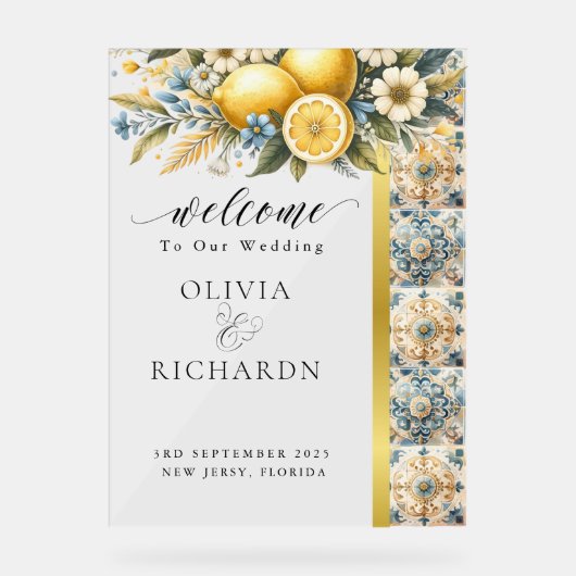 タイル地中海のフラワーイタリアンポジターノレモン アクリルサイン (正面)