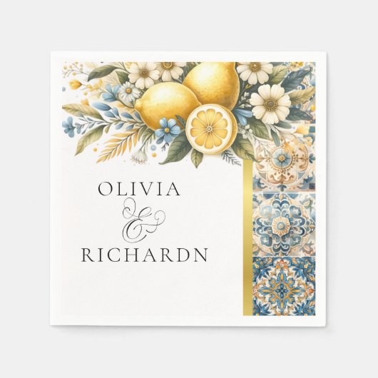 タイル地中海のフラワーイタリアンポジターノレモン スタンダードカクテルナプキン (正面)