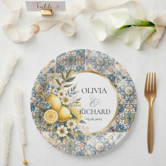 タイル地中海のフラワーイタリアンポジターノレモン ペーパープレート (ウェディング)