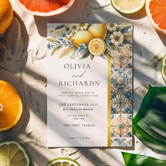 タイル地中海のフラワーイタリアンポジターノレモン 招待状
