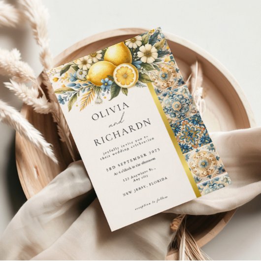 タイル地中海のフラワーイタリアンポジターノレモン 招待状