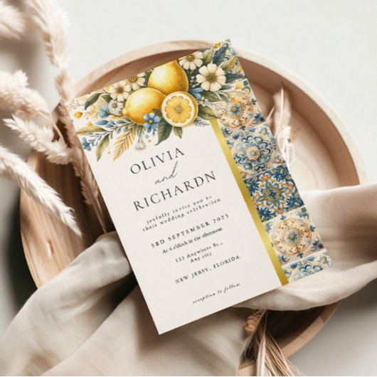 タイル地中海のフラワーイタリアンポジターノレモン 招待状