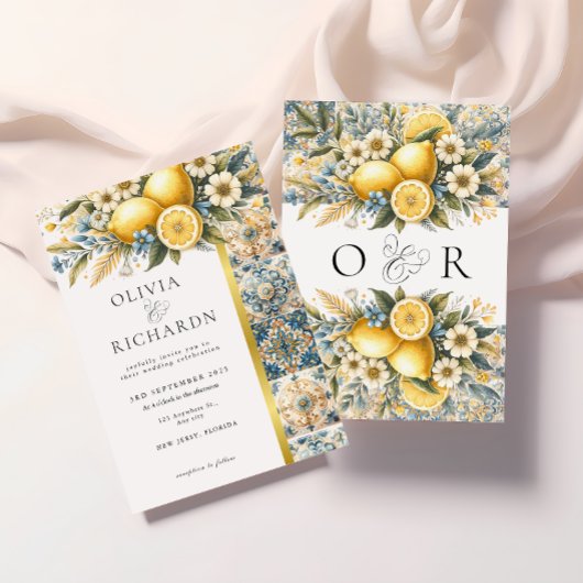 タイル地中海のフラワーイタリアンポジターノレモン 招待状