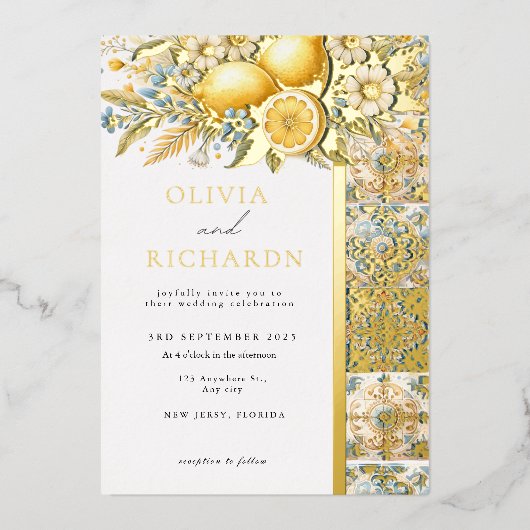 タイル地中海のフラワーイタリアンポジターノレモン 箔招待状 (正面)
