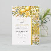 タイル地中海のフラワーイタリアンポジターノレモン 箔招待状 (立ち正面)