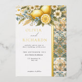 タイル地中海のフラワーイタリアンポジターノレモン 箔招待状 (正面)