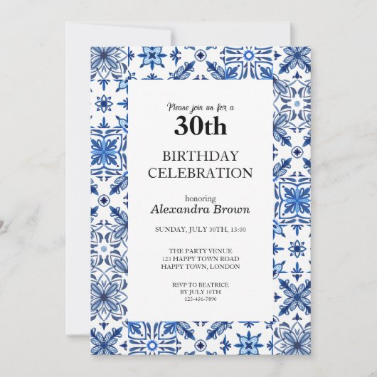 タイル地中海のフレーム30th誕生日フォトパーティー 招待状 (正面)