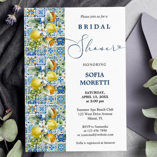 タイル地中海のレモンベビーまたはブライダルシャワー 招待状