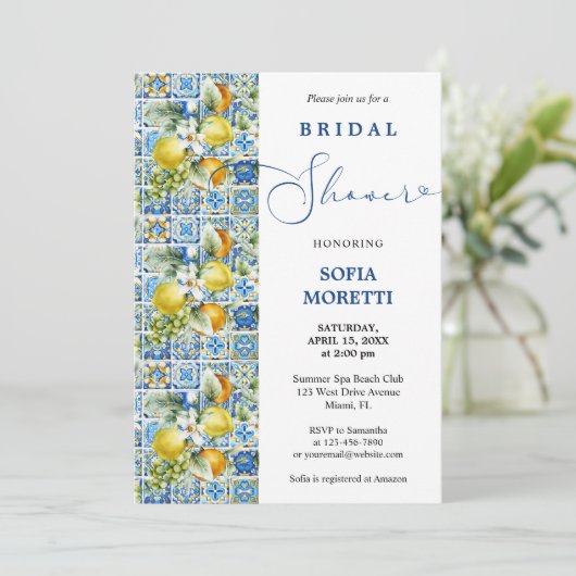 タイル地中海のレモンベビーまたはブライダルシャワー 招待状 (スタンド正面)