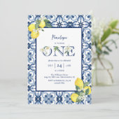 タイル地中海のレモンベビーガールファースト誕生日 招待状 (スタンド正面)