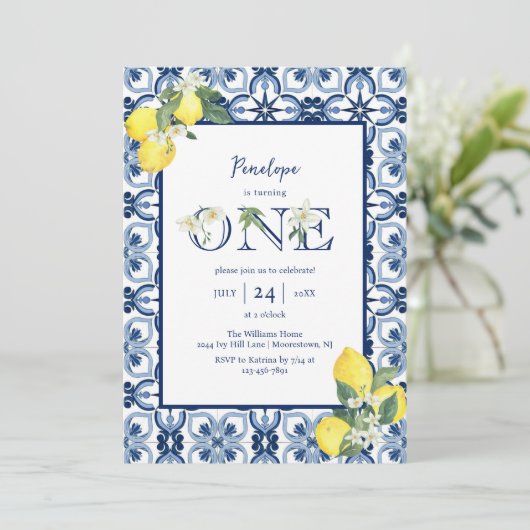 タイル地中海のレモンベビーガールファースト誕生日 招待状 (スタンド正面)