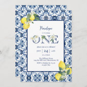 タイル地中海のレモンベビーガールファースト誕生日 招待状 (正面/裏面)